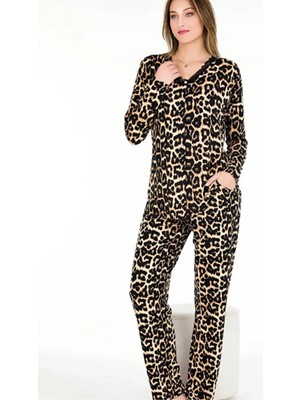 Yare Yumuşacık Viskon Kumaş Leopar Desenli Düğmeli Uzun Kollu Pijama Takımı 11650