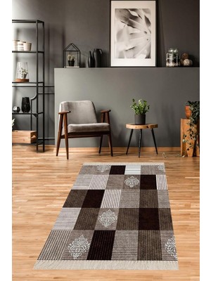 Belirtilmemiş Pelangi Kilim Desenli Etnik Dijital Baskı Yıkanabilir Kaymaz Taban Salon Halı Yolluk, Gri