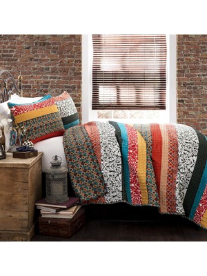 Belirtilmemiş Lush Boho Çizgili Yorgan Ters Çevrilebilir 3 Parça Bohem Tasarım Yatak Seti - King - Turkuaz