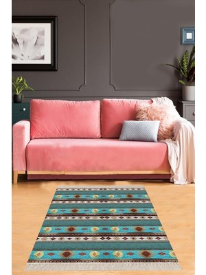 Belirtilmemiş Pelangi Turkuaz Kilim Desenli Etnik Yıkanabilir Kaymaz Taban Halı Yolluk, Turkuaz 80 x 350