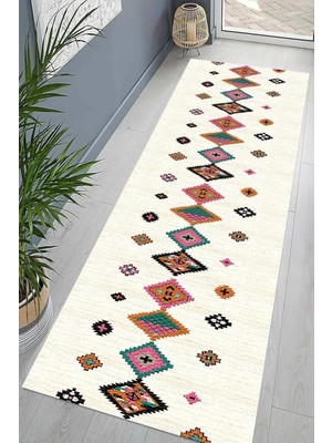 Belirtilmemiş Pelangi Kilim Desenli Etnik Dijital Baskı Yıkanabilir Kaymaz Taban Salon Halı Yolluk, Bej