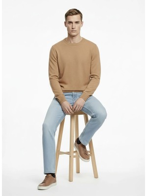 Alpha Studio Bej Erkek Bisiklet Yaka Regular Fit Kazak AU-3210C Pacth Crewneck Knıt