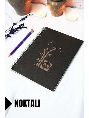 Mikasso A5 Panda Temalı Siyah Kraft Kapaklı Defter - Noktalı Defter - 60 Yaprak (120 Sayfa) 15X21 cm Karton