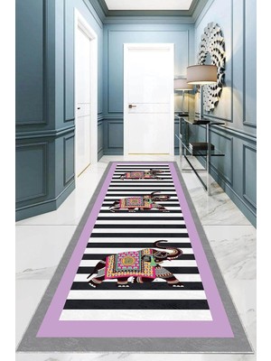 Belirtilmemiş Pelangi Fil Desenli Etnik Dijital Baskı Yıkanabilir Salon Filli Halı Yolluk (Lila), Lila