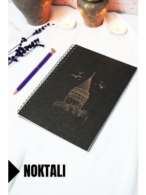 Mikasso A5 Galata Kulesi Temalı Siyah Kraft Kapaklı Defter - Noktalı Defter - 60 Yaprak (120 Sayfa) 15X21 cm