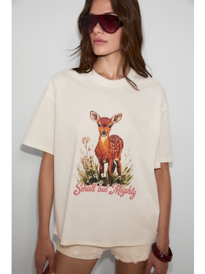 Ethiquet Orıstano Kadın %100 Organik Pamuklu Kalın Dokulu Oversize Fit Baskılı Ekru T-Shirt