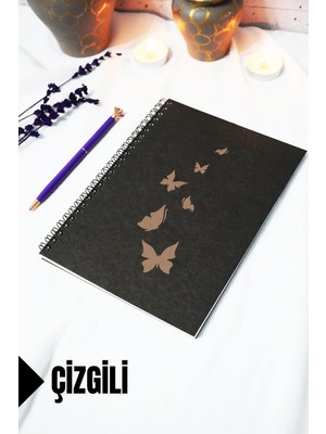 Mikasso A5 Kelebek Temalı Siyah Kraft Kapaklı Defter - Çizgili Defter - 60 Yaprak (120 Sayfa) 15X21 cm Karto