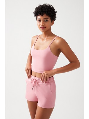 Los Ojos Kadın Pembe Cepli Beli Lastikli Basic Fit Spor Şort Shorts