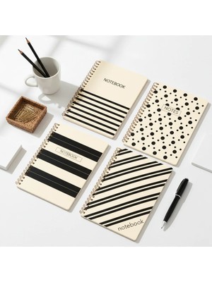 Mikasso A5 Spiral Telli Defter 4’lü Set – 80 Yaprak | Minimal Çizgili, Noktalı, Şerit ve Puantiye Desen Kart