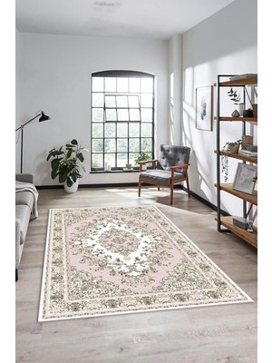 Belirtilmemiş Klasik Desenli Dijital Kaymaz Taban Yıkanabilir Yolluk Mutfak Salon Halısı Klasi̇k-23, Pembe, 80 x 3