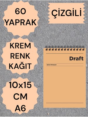 Mikasso Çizgili 10X15 cm A6 Üstten Açılır Not Defteri Krem Renk Kağıt 60 Yaprak Karton Spiralli Çizgili Küçü