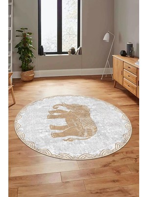 Belirtilmemiş Fil Desen Baskılı Kaymaz Taban Yıkanabilir Yuvarlak Salon Halısı Y-MODERN-101, Bej, 160 x 16