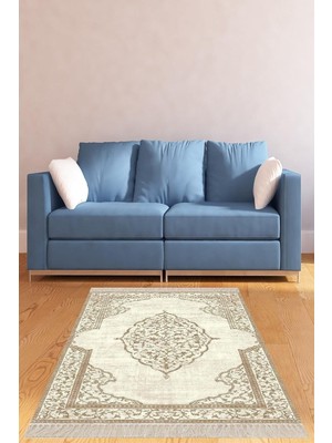 Belirtilmemiş Pelangi Bej Osmanlı Desen Göbekli Dijital Baskı Yıkanabilir Salon Halısı, Bej 120 x 120