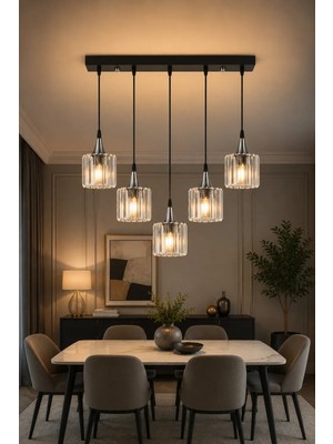 Esslight Ezgi 5’li Sıralı Kristal Taşlı Salon Mutfak Yatak Odası Avize