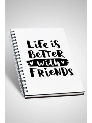 Mikasso Life Is Better With Friends Temalı Telli Defter Sert Spiralli Çizgisiz Orta Boy Beyaz Not Defterleri
