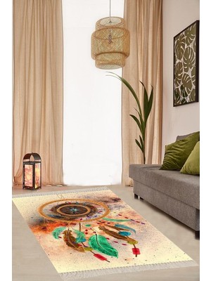 Belirtilmemiş Pelangi Etnik Desen Dijital Baskı Yıkanabilir Salon Halısı, Bej 120 x 120