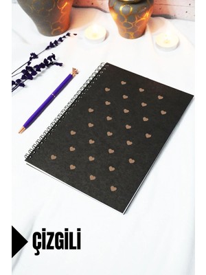 Mikasso A5 Kalp Temalı Siyah Kraft Kapaklı Defter - Çizgili Defter - 60 Yaprak (120 Sayfa) 15X21 cm Karton S