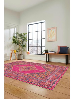 Belirtilmemiş Dijital Kaymaz Taban Yıkanabilir Göbekli Klasik Desen Yolluk Mutfak Salon Halısı Klasi̇k-06, Pembe,