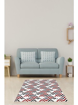 Belirtilmemiş Pelangi Bordo Geometrik Zigzag Desenli Dijital Baskı Yıkanabilir Kaymaz Taban Klasik Salon Halısı,