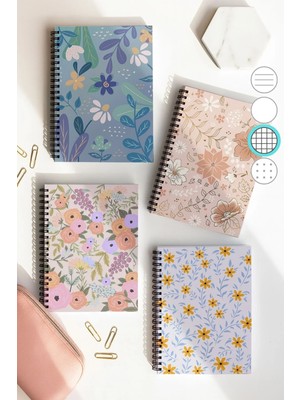 Mikasso Spiralli Kareli Okul Defter Seti, A5 Boyutunda 50 Yaprak 100 Sayfa 4'lü Set, Papatyalı Set Karton Sp