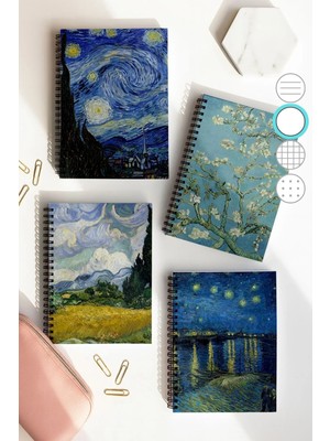Mikasso Van Gogh Spiralli Çizgisiz Okul Defter Seti, A5 / 50 Yaprak 100 Sayfa 4'lü Set, Van Gogh Karton Spir