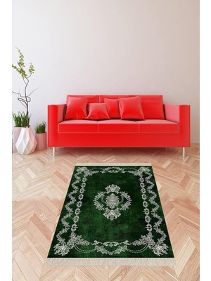 Belirtilmemiş Pelangi Yeşil Osmanlı Desen Çerçeveli Dijital Baskı Yıkanabilir Kaymaz Taban Klasik Salon Halısı