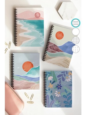 Mikasso Spiralli Çizgili Okul Defter Seti, A5 Boyutunda 50 Yaprak 100 Sayfa 4'lü Set, Boholu Set Sert Spiral