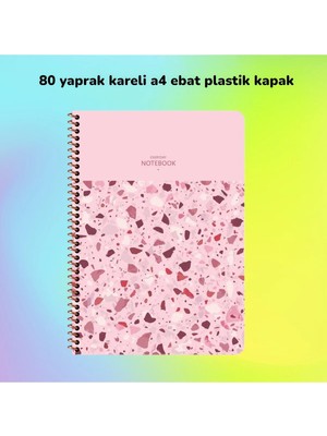 Mikasso Kareli A4 80 Yaprak Plastik Kapak Telli Defter Terazzo Keskin Color Yumuşak Spiralli Kareli Büyük Bo