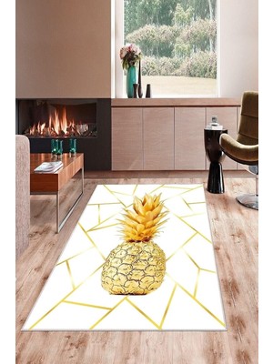 Belirtilmemiş Pelangi Beyaz Zemin Gold Ananas Desenli Yıkanabilir Kaymaz Taban Tutmaz Salon Halısı