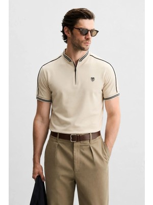 Madmext Bej Polo Yaka Erkek Tişört 9281 Dar Kesim Kısa Kol %95 Cotton Düz Desen