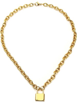 Chavin 50 Cm. Aşkın Kilidi Gold Çelik Bayan Zincir Kolye Ec81Sr