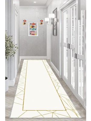 Belirtilmemiş Pelangi Mermer Desenli Gold Çerçeveli Dijital Baskı Yıkanabilir Salon Halı Yolluk, Beyaz