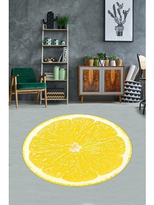 Belirtilmemiş Pelangi Sarı Limon Desenli Limonlu Desen Dijital Baskı Yıkanabilir Kaymaz Taban Yuvarlak Salon Halı