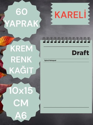 Mikasso Kareli 10X15 cm  A6 Üstten Açılır Not Defteri Krem Renk Kağıt  60 Yaprak Karton Spiralli Çizgili Küç