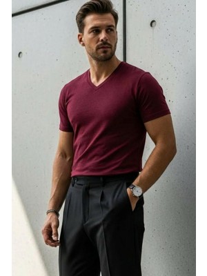 Damga Erkek Relaxed Fit Bordo Bol V Yaka Tişört