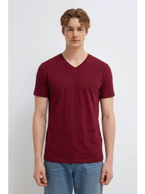 Damga Erkek Casual Rahat Bordo V Yaka Tişört