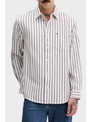 Tommy Jeans Çizgili % 100 Pamuk Relaxed Fit Uzun Kollu Gömlek Erkek Gömlek DM0DM22406 Ybh