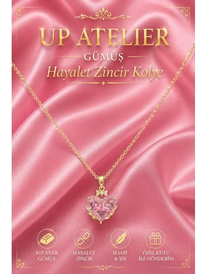 Up Atelier 925 Ayar Gümüş Ithal Zincirli Pembe Zirkon Taşlı Kalp Kolye 40-45CM Ayarlanabilir