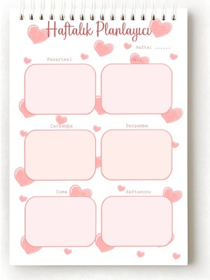 Mikasso Kalp Temalı Türkçe Haftalık Planlayıcı, Weekly Planner, A5 Planner, Spiralli Planner, Telli Karton S