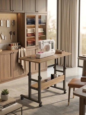 Homedora Atlas Yüksekliği Ayarlanabilir Dikiş Makinesi Sehpası Tekerlekli Çok Amaçlı Çalışma Masası Raflı 80X40 cm