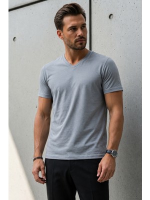 Damga Erkek Relaxed Fit Gri Bol V Yaka Tişört