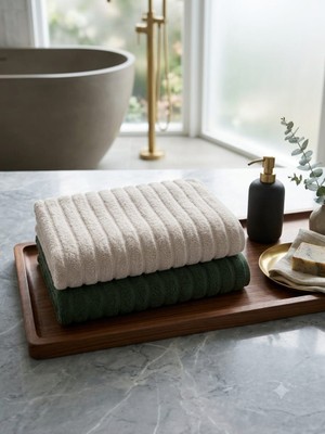 Erca Home Tekstil Ürünleri %100 Pamuklu 2 Li Set Bej ve Koyu Yeşil Renkte Ayak Havlusu Paspas
