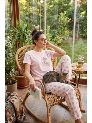 Lela Pamuklu Regular Fit Desenli Bisiklet Yaka Pijama Takımı Bayan Pijama Takımı 65790784