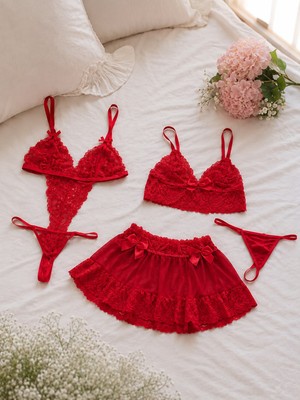 Çeyize Dair Herşey Luxury Rouge 4 Parça Dantel Etekli Iç Giyim Takımı