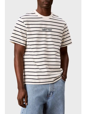 Calvin Klein Çizgili Pamuklu Relaxed Fit Bisiklet Yaka T Shirt LV04RG236GYAS Erkek T Shirt LV04RG236G Yas