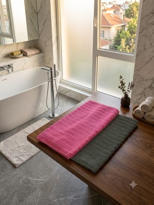 Erca Home Tekstil Ürünleri %100 Pamuklu 2 Li Set Pembe ve Koyu Yeşil Renkte Ayak Havlusu Paspas
