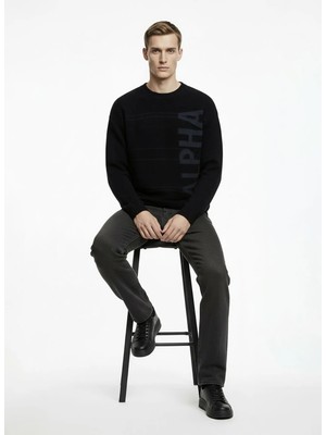 Alpha Studio Siyah Erkek Bisiklet Yaka Regular Fit Yazı Baskılı Kazak AU-3174C Alpha Studıo Crewneck Knıt