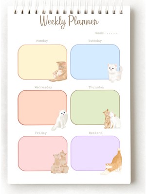 Mikasso Kedi Temalı Ingilizce Haftalık Planlayıcı, Weekly Planner, A5 Planner, Spiralli Planner, Telli Karto
