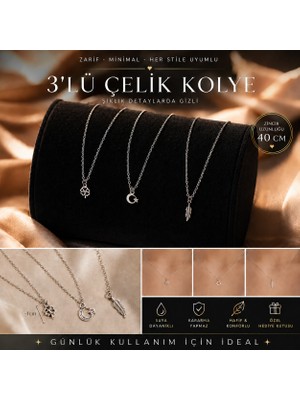 Liora De Mar Kadın 3'lü Çelik Kolye Seti 40 cm | Minimal Yonca Ay Yıldız Tüy Figürlü Kolye