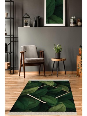 Belirtilmemiş Pelangi Yaprak Desenli Gold Çerçeveli Dijital Baskı Yıkanabilir Kaymaz Taban Halı, Yeşil 180 x 250